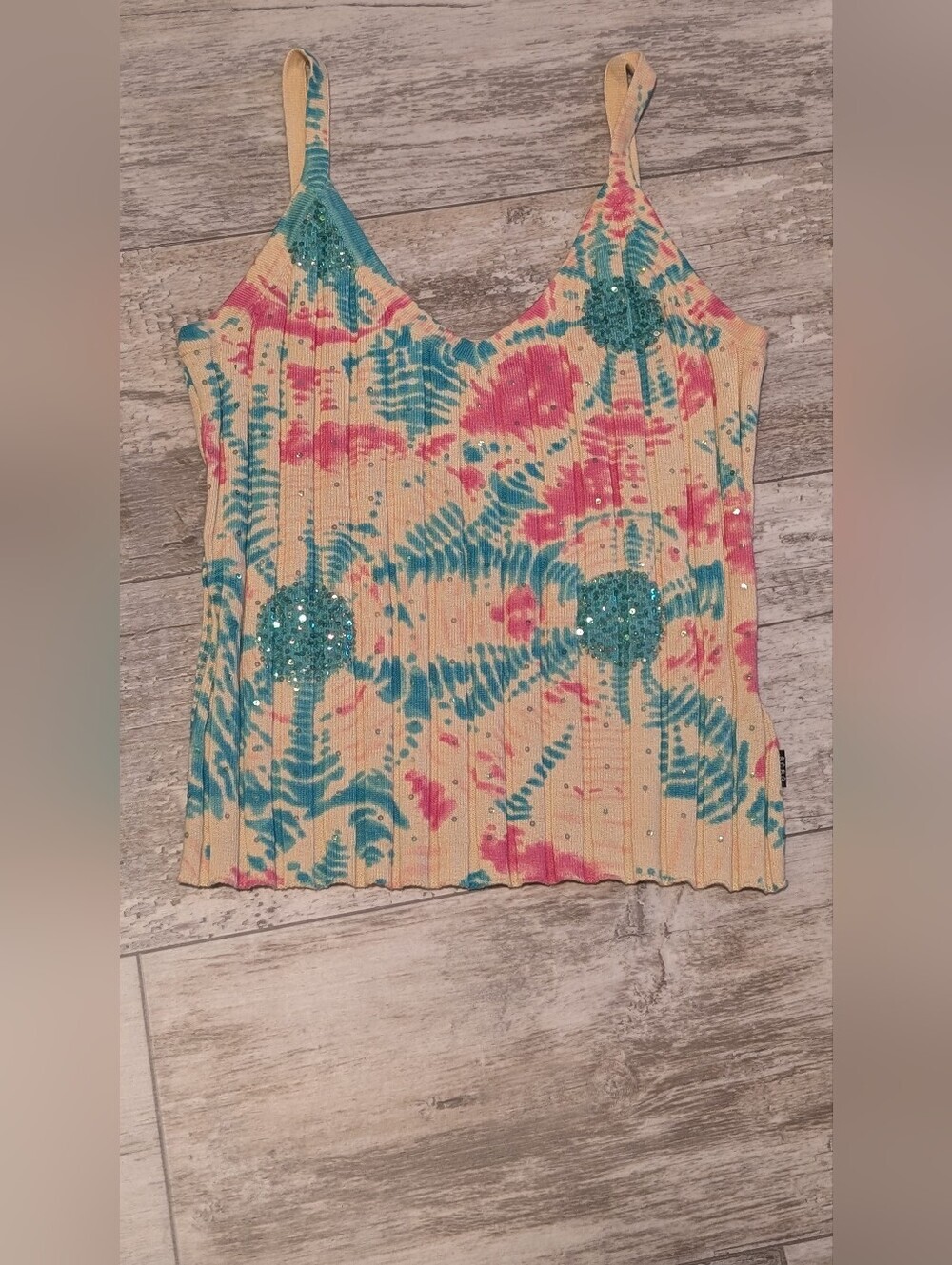 BCBG Cream Knit Tank with Teal & Pink Tie-Dye and Sequins Silk & Cotton Top Y2K